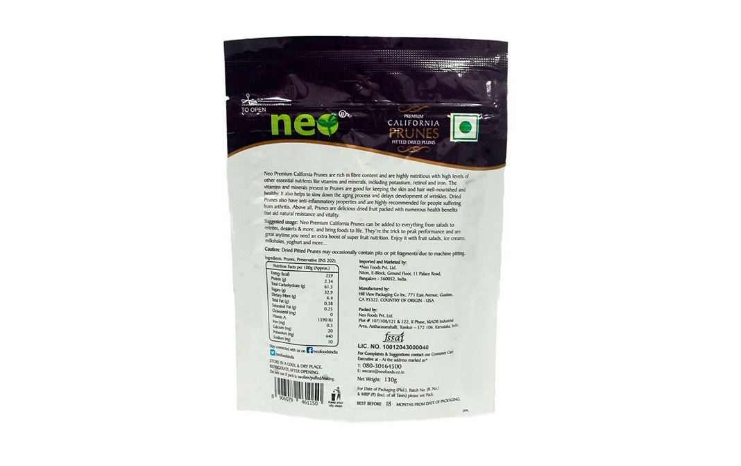 Neo Premium California Prunes, Pitted Dried Plums   Pack  130 grams